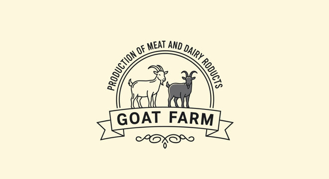 Vintage style goat farm logo featuring a white and a grey goat standing above a ribbon banner on a cream background.