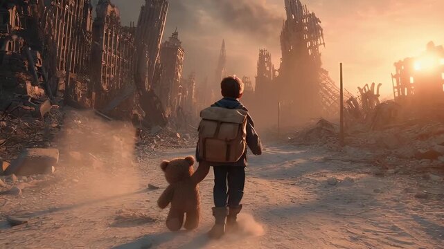 a child with a doll among the ruins of the city after the war