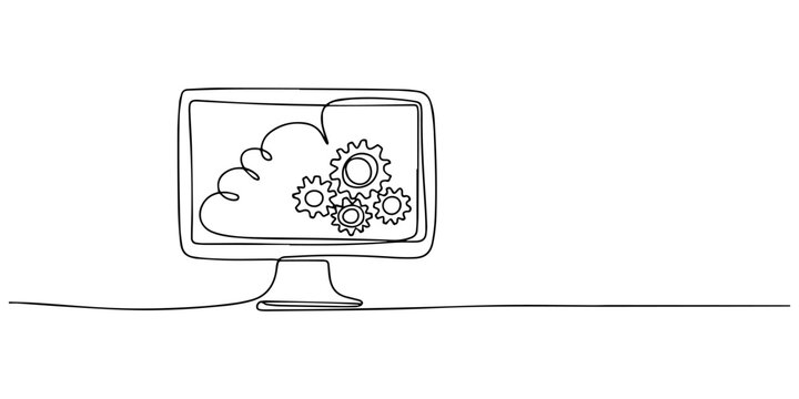 A minimal one line drawing showing a continuous process of cloud computing with gears emerging from a laptop, Cloud computing monitor with gear, api icon isolated on transparent background
