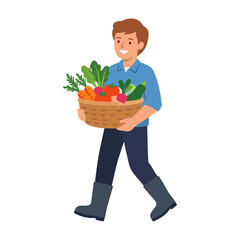 Man carrying a basket of fresh vegetables outdoors smiling