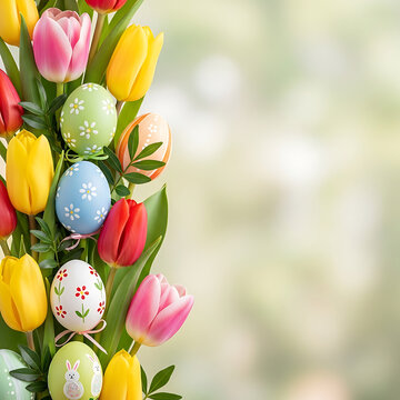 Colorful tulips and painted easter eggs arrangement on vertical border with blurry green garden background for seasonal spring holiday celebration
