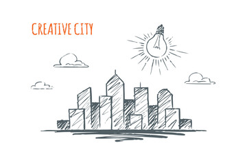 Creative City Sketch - urban skyline with light bulb idea © Sketch Studio