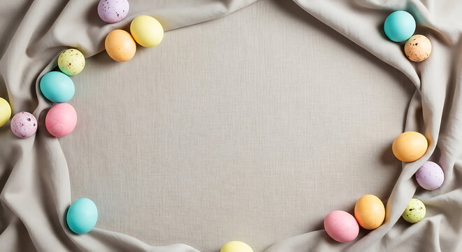 Overhead view of scattered colorful speckled easter eggs on draped neutral linen fabric background forming circular frame for spring holiday message