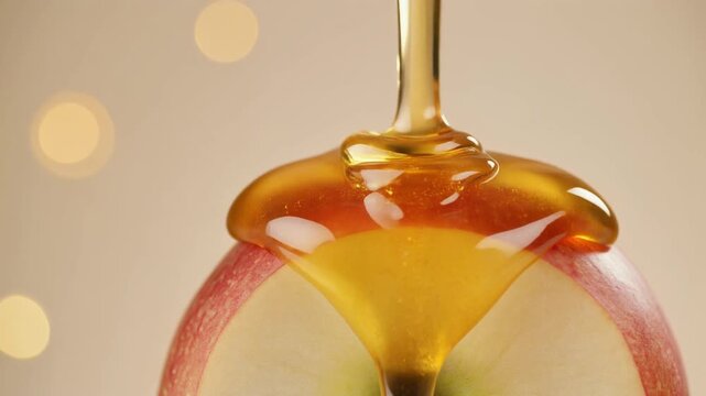 Golden honey dripping onto half a fresh red apple