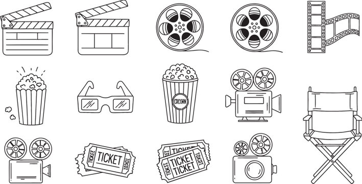 Black and white line art icons depicting various cinema and movie related objects and equipment.