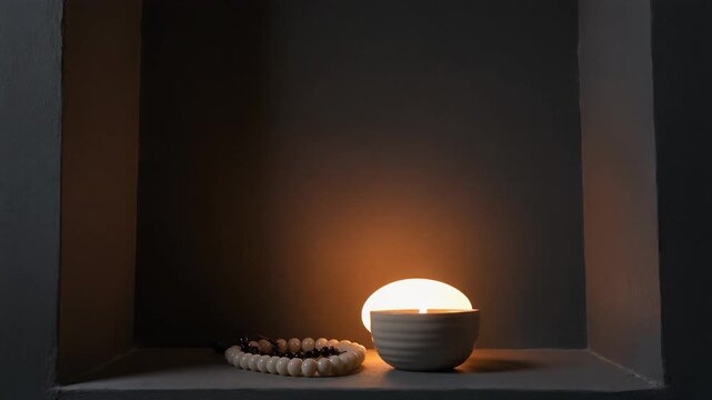 Minimalist decor with a glowing lamp and beaded bracelet