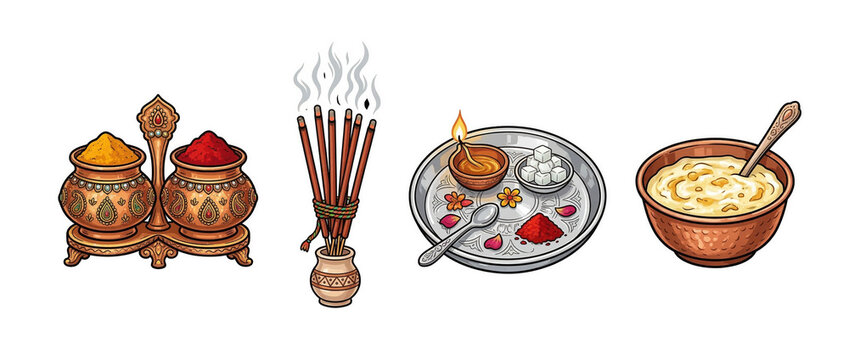 Indian festival ritual items with haldi kumkum and sweet dessert