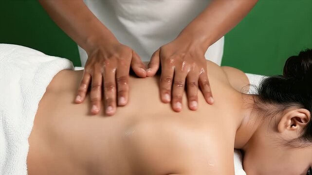 Close up of therapist hands massaging oiled back of person on massage table with green screen background ideal for wellness and spa promotions educational content or healthcare awareness