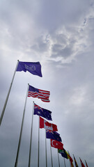 Naklejka premium National Flags Waving Vigorous Against Dark Thunderclouds Background