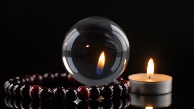 Glass sphere reflecting candle flame and bead bracelet