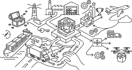 Fototapeta premium Line art vector of global supply chain, logistics network and drone delivery