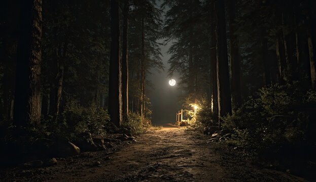 Dimly lit forest path with a glowing light source ahead at night