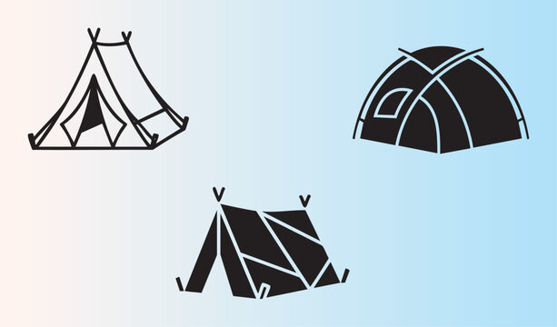 Collection of different camping tent styles and designs illustrated in minimalist line art format