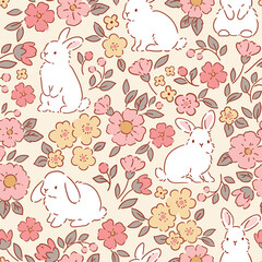 Cute white rabbits with spring floral. Seamless vector pattern. Tiny loose floral design on isolated background. Hand drawn Easter bunny pattern. 