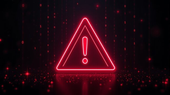 A prominent neon red triangular warning sign with an exclamation mark glows against a dark digital background, complete with subtle binary code and scattered sparkling light particles.