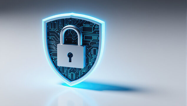 Secure blue shield with padlock and circuit board background symbolizing digital security and data protection, modern technology concept with glowing light and reflection