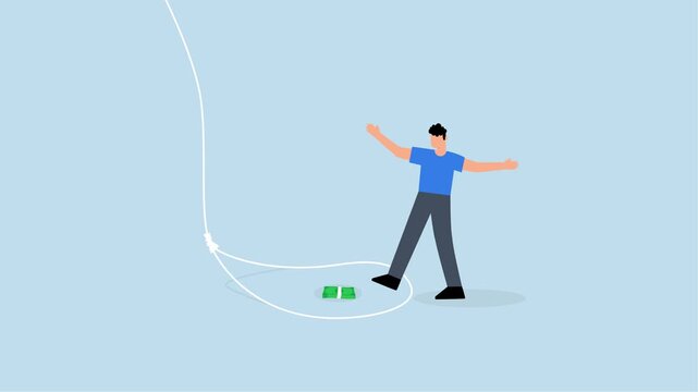 Money trap to trick greed people, 4k animation of businessman attempts to navigate tricky rope trap in order to obtain bundle of money banknotes