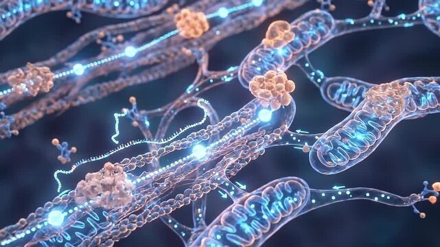 Metabolism mechanism biology cell energy flow concept with glowing molecular network and science background 3d render metabolism mechanism molecule art bioengineering futuristic medical cell