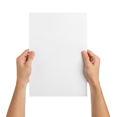 Obraz premium A pair of hands holding a blank white piece of paper against a white background isolated on transparent background