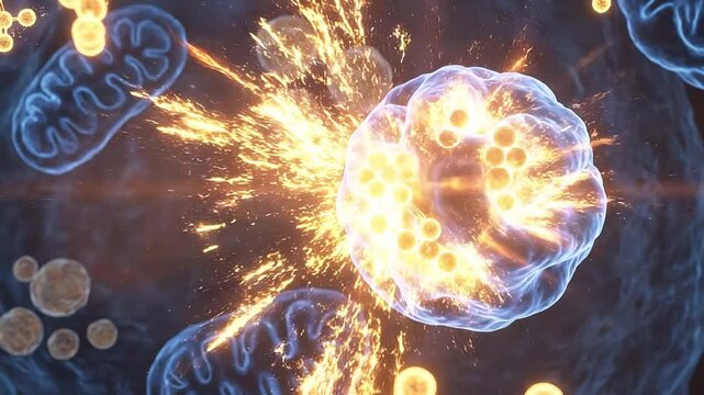 Microscopic cell mitochondrion organelle metabolism mechanism glowing energy burst biology science background electron transport chain ATP cell structure medical research healthcare technology