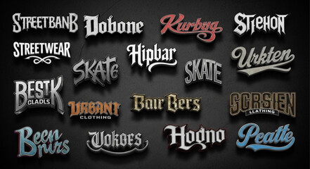 Collection of stylized text logos featuring various words and brands, showcasing unique typography and design elements. © MAS