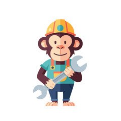 A charming cartoon illustration of a monkey dressed as a mechanic, holding a wrench, ready for construction or repair work
