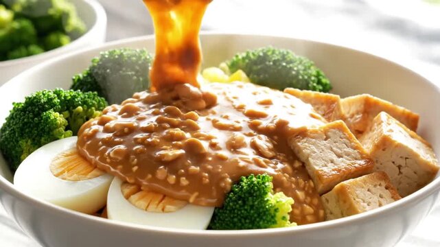 Pouring peanut sauce over vegetable salad.