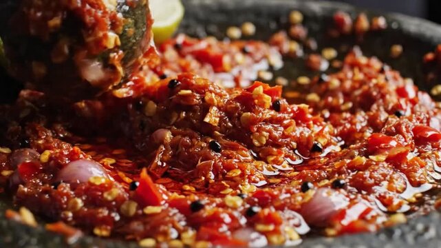 Fresh spicy sambal chili paste mortar.