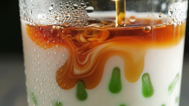 Pouring palm sugar into cendol drink.