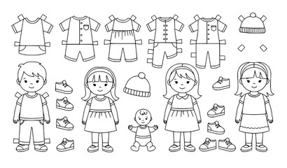 Paper Doll Family Coloring Page Dress Up Clothes Printable Kids Vector