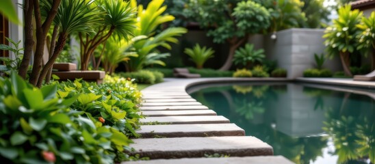 Obraz premium Serene garden with a pool and lush tropical plants along a stone pathway.