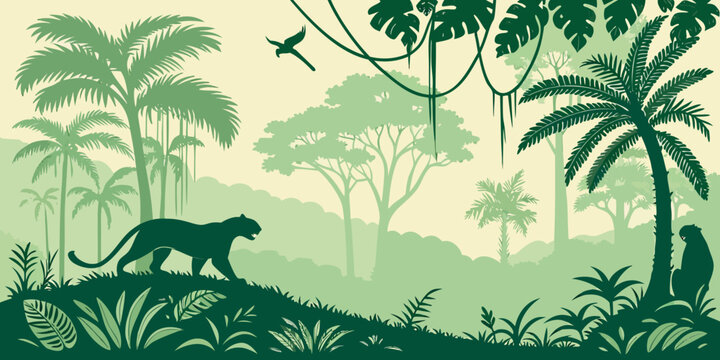 Jungle forest silhouette, rainforest background. Amazon forest scenery, jungle environment vector backdrop, wallpaper with palm trees, lianas, animals silhouettes