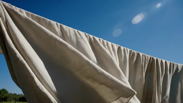 Graceful fabric sheet drying on clothesline under clear blue sunny sky, fresh and airy, evoking calm simplicity, relaxing atmosphere