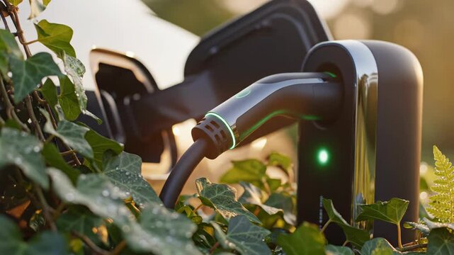 Electric car charging station powers vehicle, surrounded by vibrant green nature. Promoting sustainability, clean energy, and environmental future