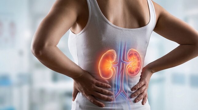 Woman suffering from kidney pain, with glowing organs indicating discomfort or illness.