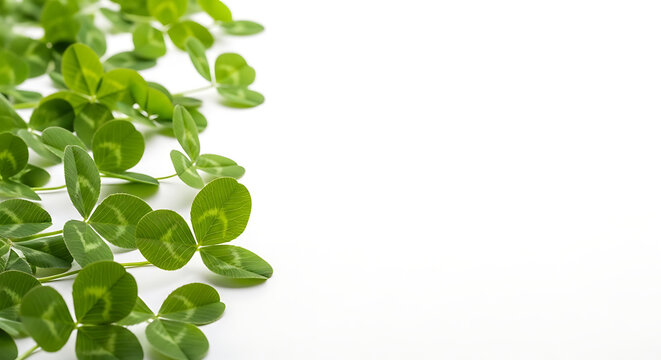 Fresh green clover leaves with three petals arranged on left side of white background natural plant texture copy space
