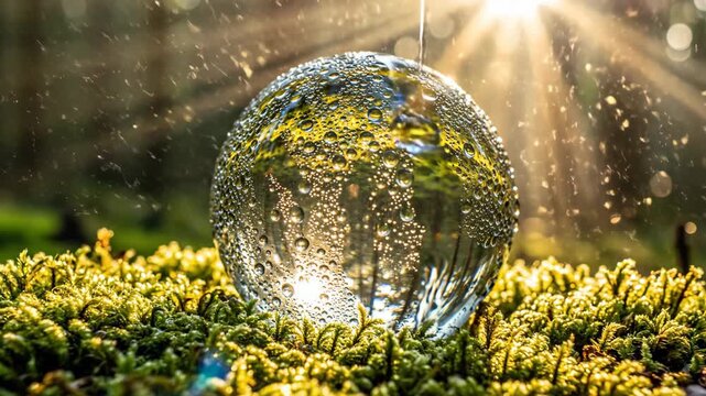 Vibrant green moss cradling pristine glass sphere. Forest reflection inverted, bathed in golden sunlight. Serene scene, water droplets sparkle
