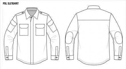 Detailed technical drawing of a long-sleeved military shirt.