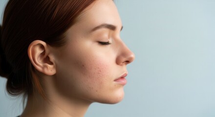 Profile portrait of young woman with red hair and acne