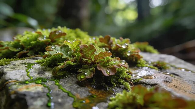 Radiant Macro View of Thriving Moss on Wet Aged Stone