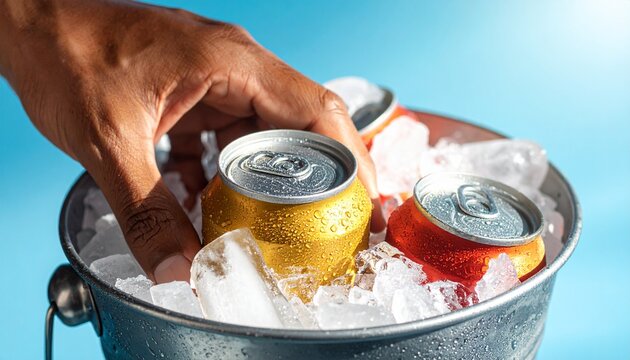 Close-up of a hand reaching into a metal bucket filled with ice and cans