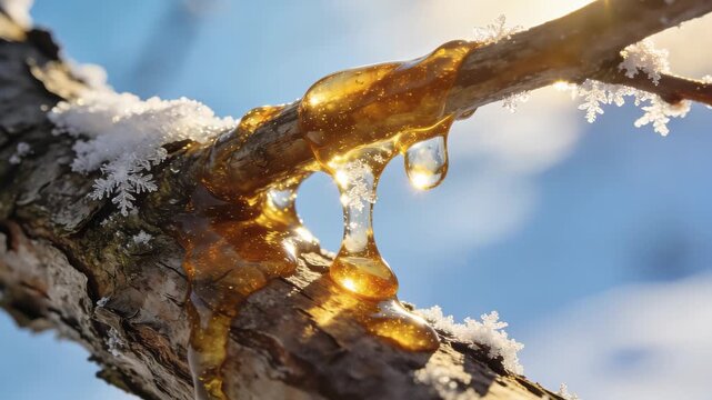 Glistening Close-Up of Pristine Tree Sap in Late Winter Sunlight
