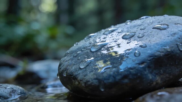 Serene Close-Up of Rain Beads on a Smooth River Pebble in Nature