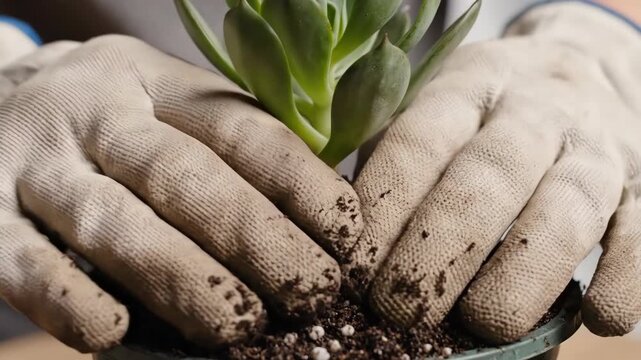 Gloved hand planting vibrant succulent plant in rich soil, careful gardening process ensuring healthy growth and immense satisfaction