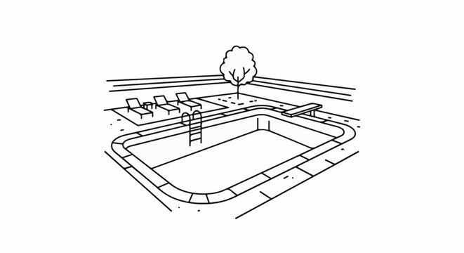 A simple line drawing depicts an outdoor swimming pool with loungers, a tree, and a diving board