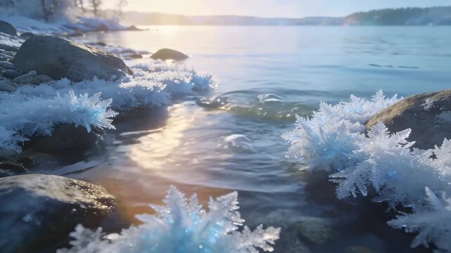 Serene Drift Across Lakeshore: Frost Embracing Bubbling Summer Stream