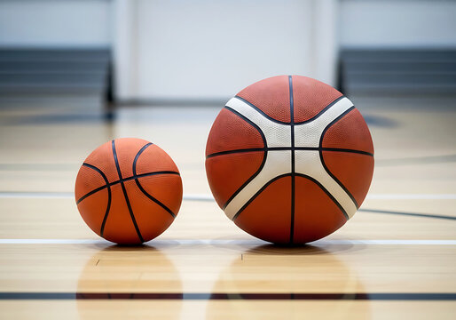 Two basketballs on a court, ready for the basketball final four competition.