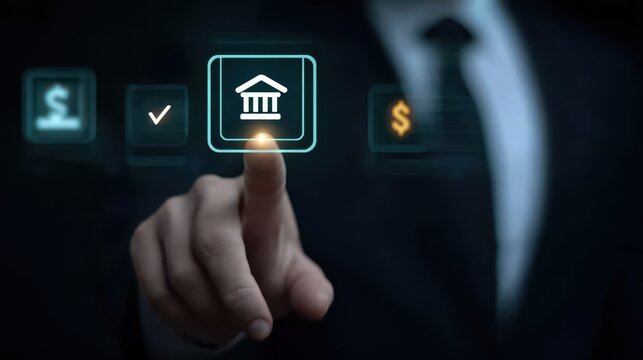 A businessman uses a secure bank portal to send an urgent remittance, completing authentication while a tiny fee appears on the screen.