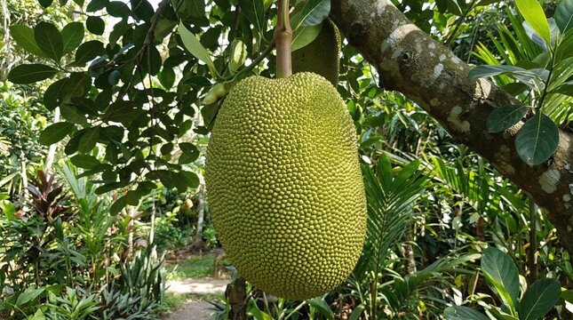 Jack fruit hanging on the tree in the garden. Tropical fruit