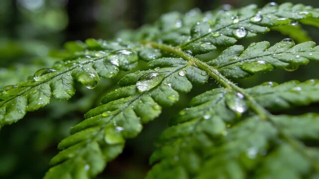 Intimate Zoom of Glistening Raindrops on Fern Leaves